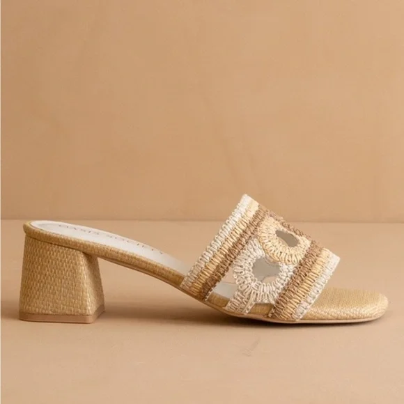 Tan Block Heel Sandals raffia with a woven embroidered strap - Picture 2 of 5